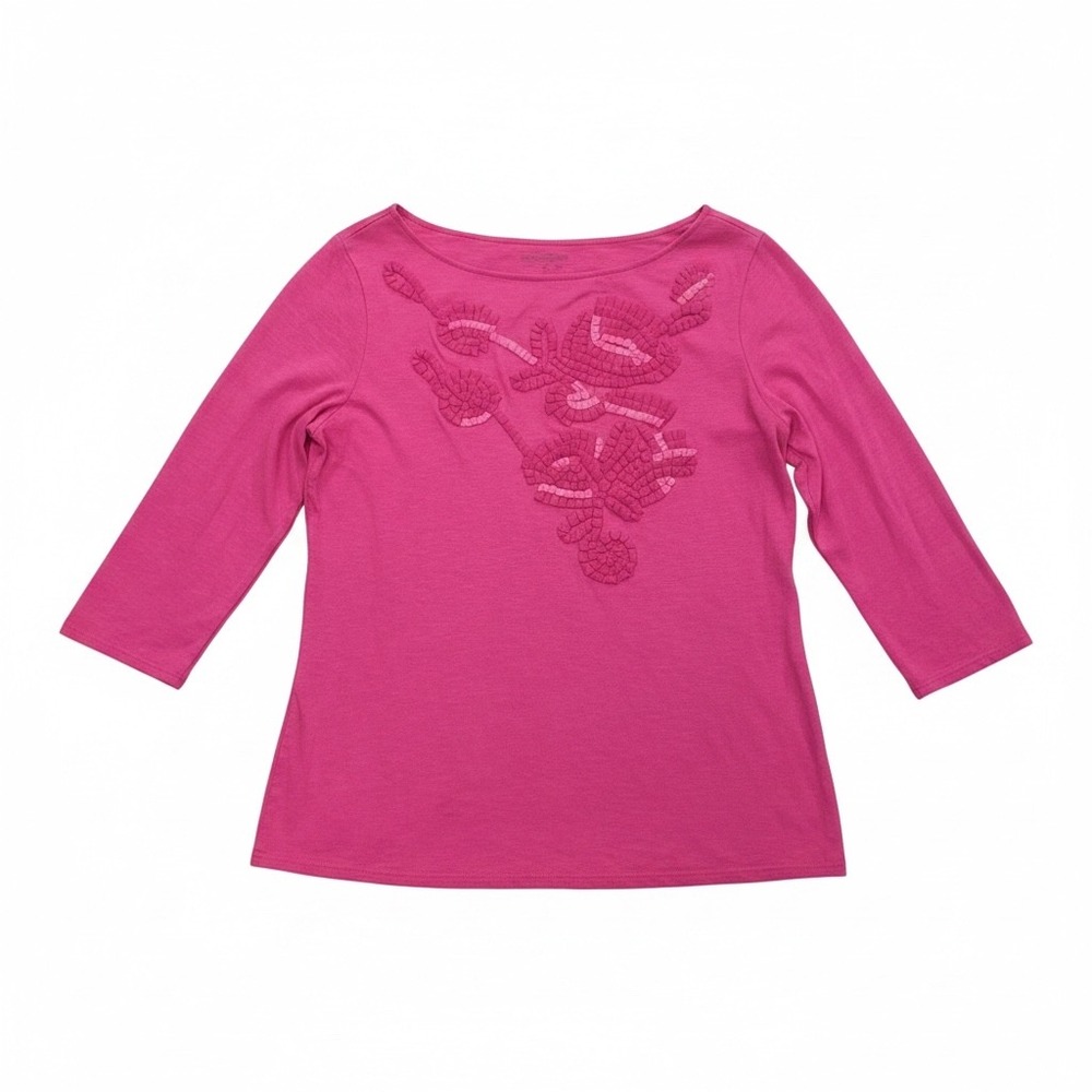 Coldwater Creek Pink Cotton Slub Floral Ribbon Applique 3/4 Sleeve Top Large 14